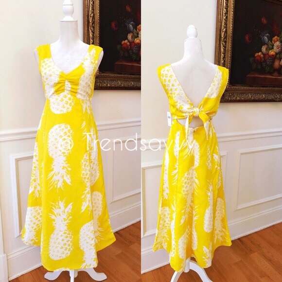 NWT ANTHRO MEAVE Yellow Pineapple Midi Dress 2 - Picture 2 of 7